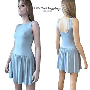 See You Monday Sky Blue Sleeveless Mini Dress Rayon Jersey Knit Dropped Skirt